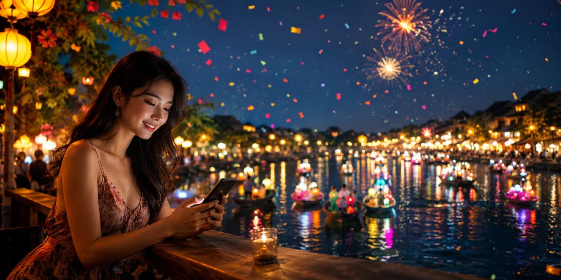 Người dùng tại Hội An dùng điện thoại truy cập casino mobile và uống cà phê